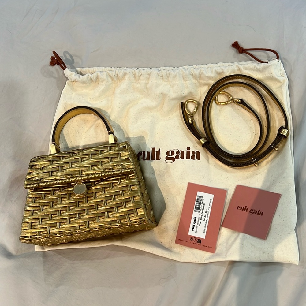 Cult Gaia Nano Sybil crossbody bag in “brushed brass”